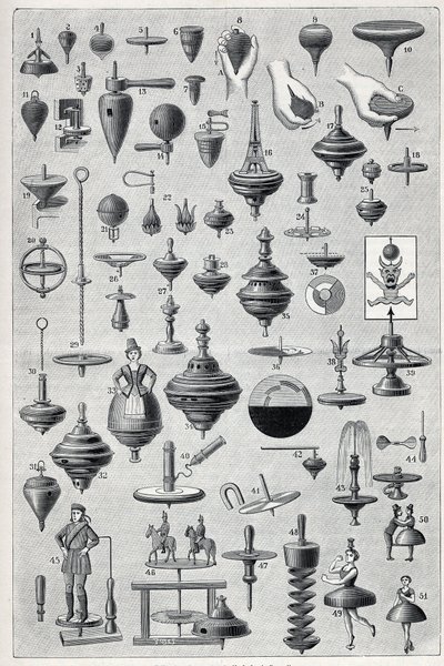 Tafel zeigt eine Sammlung von Spindeln mit verschiedenen Formen und Rotationssystemen. Gravur in „La Nature“ von Unknown artist