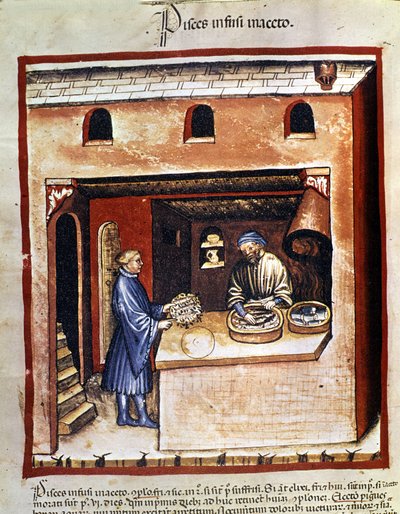 Zubereitung von Meeresfischen in Essig. Illumination aus der Milch der Medizin und Diätetik „Tacuinum sanitatis“ von Unknown artist