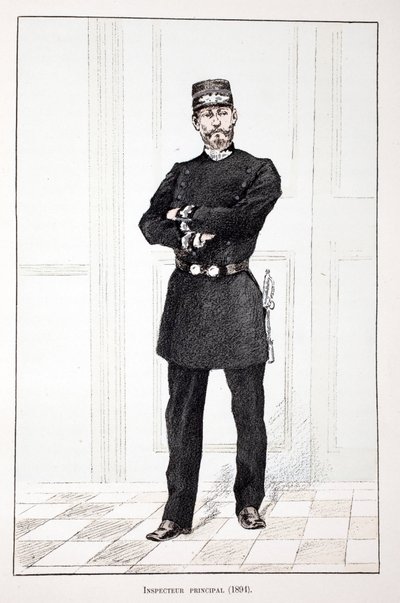 Hauptinspektor (1894). Farbradierung zur Illustration „Histoire du corps des gardiens de la paix“, Buch veröffentlicht unter der Schirmherrschaft von Louis Lepine (1846-1933), Polizeipräfekt der Seine, von Alfred Rey (1864-?) und Louis Feron (1862-?). von Unknown artist