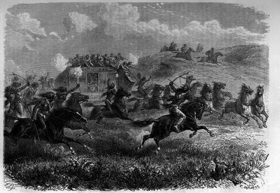 Rothäutige Reiter greifen eine Postkutsche in der Prärie an. Gravur in „Le journal de la jeunesse“ von Unknown artist