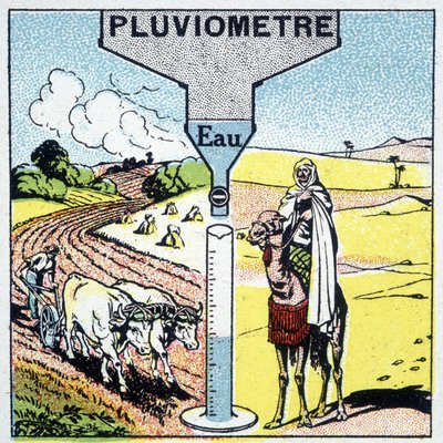 Darstellung eines Regenschauers und der Auswirkungen des Regens auf verschiedene Regionen und seinen Einfluss auf die Landwirtschaft. von Unknown artist