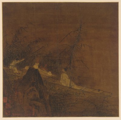 Flusslandschaft: Ein Boot unter wilden Bambus von Unknown artist