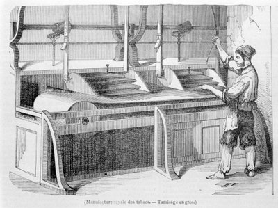 Königliche Tabakfabrik: Großsiebung von Tabak. Gravur des 19. Jahrhunderts von Unknown artist
