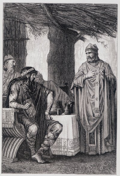 Saint Gregoire von Tours (538-594) widersetzt sich Chilperic I. (539-584), König von Neustrien von Unknown artist