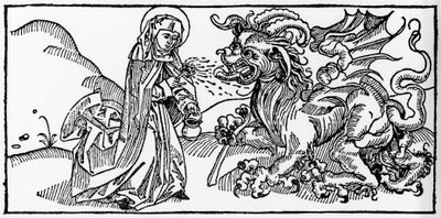 Heilige Martha und die Tarasque - Gravur aus „Leben der Heiligen - Sommerteil“ (Das Buch der Heiligen) von Jacobus (James) von Voragine (1228-1298). Lübeck 1488. von Unknown artist