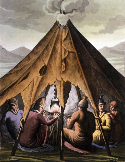 Sami: Ureinwohner der nördlichen Länder (Norwegen, Finnland, Schweden und Russland) versammeln sich um ein Feuer unter einem Zelt von Unknown artist