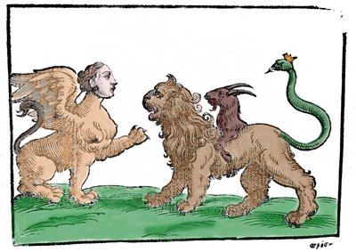 Sphinx gegen Chimäre nach Mythologiae sive explicationes fabularum von Natalis Comitis. Patavia 1637 von Unknown artist