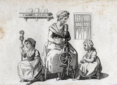 Spinnen: Mutter und ihre Töchter spinnen Wolle. Die Frau benutzt ein Spinnrad und ihre Tochter benutzt eine Rohrkolben. Gravur aus dem späten 18. Jahrhundert. Private Sammlung. von Unknown artist
