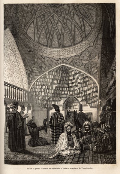 Tataren beim Gebet, in der Moschee von Schusha (Transkaukasien, Russland). Gravur zur Illustration der Reise in die Provinzen des Kaukasus, von Basile Vereschaguine, 1864-1865, veröffentlicht in „le tour du monde“, unter der Leitung von Edouard Charton, Ha von Unknown artist