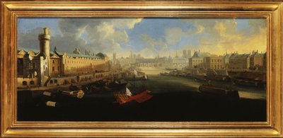 Die Grande Galerie des Louvre, mit der Porte Neuve, der Pont-Neuf, der Cité, dem Collège des Quatres-Nations im Bau und dem Quai Malaquais, um 1665, zwischen 1665 und 1670 von Unknown artist
