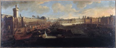 Die Grande Galerie des Louvre, mit der Porte Neuve, der Pont-Neuf, der Cité, dem Collège des Quatres-Nations im Bau und dem Quai Malaquais, um 1665, auf der Seine die königliche Galeere, heutige 1. und 6. Arrondissements, zwischen 1660 und von Unknown artist