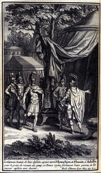Die Griechen, erstaunt über ihre Niederlage, schicken Odysseus, Ajax und Phönix zu Achilles, um ihn zu bitten, ins Lager zurückzukehren. Dieser Prinz lehnt ihre Bitten stolz ab und schickt sie dann hart zurück. Illustration für Buch IX der Ilias von Homer, von Unknown artist