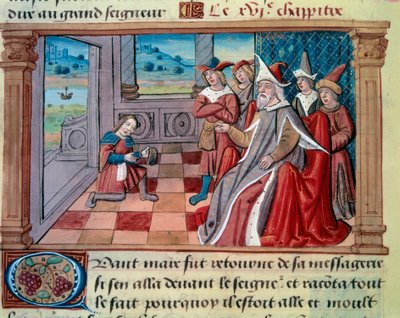 Der venezianische Navigator Marco Polo (1254-1324) vor dem großen Qubilai (Kubilai Khan, erster Kaiser der mongolischen Yuan-Dynastie (1215-1294). Miniatur aus dem „Buch der Wunder“ („Devisement du monde“, „Il Milione“) von Marco Polo (1254 von Unknown artist