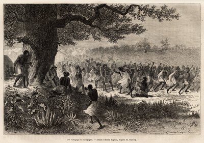 Die Vouagogo (Stamm aus Tansania) in Vorbereitung auf den Krieg, unter dem Baum, der Autor der Geschichte Henry Morton Stanley (1841-1904). Gravur zur Illustration der Reise auf der Suche nach Livingstone, in Zentralafrika, von Henry Stanley, Korrespondent von Unknown artist