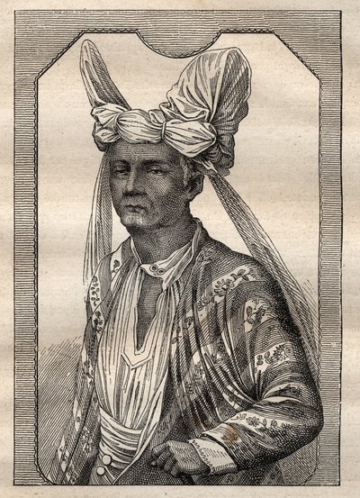 Weltumsegelung (1790-1792) von Kapitän Etienne Marchand (1755-1793): Porträt des Königs der Insel Timor (Indonesischer Archipel) - Illustration aus „Die großen Seefahrer des 18. Jahrhunderts“ von Unknown artist