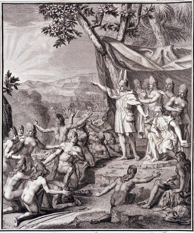 Der erste Inka Manco Capac und Königin Coya Mama Oello Huaco, seine Frau, beide Kinder der Sonne, versammeln die Wilden - in „Historische Reise durch Südamerika im Auftrag des Königs von Spanien“ von Don Georges Juan & Don Antoine de Ulloa, T.II, ed. Jombe von Unknown artist