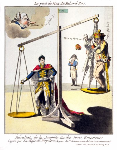 Der Fuß der Nase von Milord Pit - Das Ergebnis des sogenannten Tages der drei Kaiser - Gewonnen von Seiner Majestät Napoleon am Tag des 1. Jahrestages seiner Krönung. Karikatur über Napoleon I und die 3. Koalition (Großbritannien vertreten durch William Pi von Unknown artist