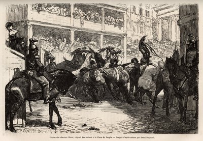 Das freie Pferderennen, das während des Karnevals viermal organisiert wird, beginnt auf dem Volksplatz, dann galoppieren die Pferde auf dem Corso zur Venedig-Platz, wo die Preise überreicht werden. Gravur zur Illustration der Reise nach Rom, von Francis We von Unknown artist