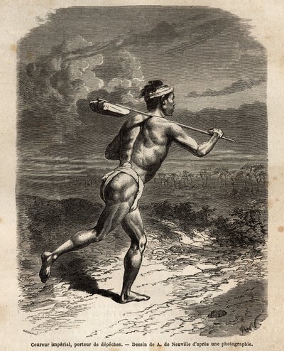Der kaiserliche Läufer, der die Depeschen des Mikado trägt. Gravur zur Illustration der Reise nach Japan, in den Jahren 1863-1864, von Aime Humbert, Minister der Schweizerischen Eidgenossenschaft, in „Le tour du monde, nouveau journal des voyages“ veröffen von Unknown artist