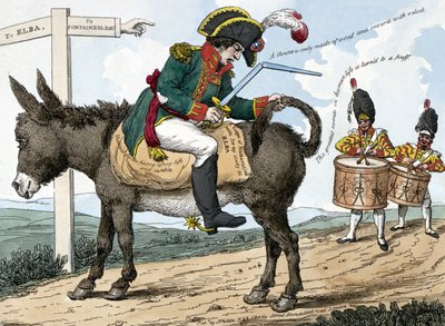 Die Reise eines modernen Helden zur Insel Elba. Diese Karikatur zeigt Napoleon Bonaparte, der auf einem Esel auf dem Weg von Fontainebleau zur Insel Elba sitzt; er hält ein zerbrochenes Schwert in einer Hand und die Zügel in der anderen von Unknown artist