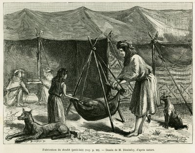 Die Herstellung von Milch durch die Frauen der Hirten der Region Karoun. Gravur zur Illustration der Geschichte „La Perse, la Chaldée et la Susiane“ von Jane Delafoy (1851-1916), Akademieoffizier, in Le Tour du monde 1886, unter der Leitung von Edouard Cha von Unknown artist