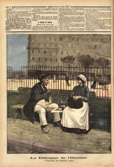 Das Mittagessen der Arbeiter, Reproduktion des Gemäldes von Henri Cain (1859-1930), Maler und Dramatiker. Gravur in „Le petit journal“ 18/04/1891. Selva-Sammlung von Unknown artist