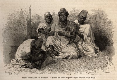 Tierno Ousman, vom Toucouleur-Stamm, Dorfvorsteher von Guemmou Koura (Mali), hält eine muslimische Gebetskette mit großen Körnern, rezitiert seine Gebete, während seine Masseure seinen Rücken und seine Beine massieren. Gravur zur Illustration der Reise nac von Unknown artist
