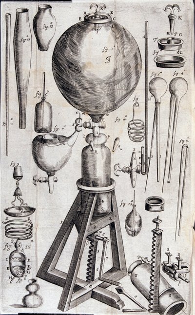 Werkzeuge für wissenschaftliche Experimente - in „Nova experimenta physico-mechanica de vi aeris elastica, et ejusdem effectibus, facta maximam partem in nova machina pneumatica“ von Robert Boyle von Unknown artist