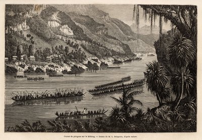 Traditionelles Kanurennen auf dem Mekong, jedes Jahr am Ende der Regenzeit organisiert, als prestigeträchtiger Wettbewerb zwischen den Fischerei- und Bauerndörfern in der Nähe des Flusses. Gravur zur Illustration der Entdeckungsreise in Indochina, von Fran von Unknown artist