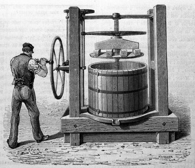 Verwendung der Presse zur Gewinnung von Traubenmarc in Medoc und Cognac. Gravur aus dem späten 19. Jahrhundert von Unknown artist