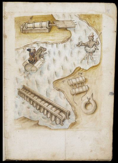 Verschiedene Systeme von Bojen und Flößen für die Evolution auf dem Wasser - Manuskript: Pergamentblatt eines Ingenieurhandbuchs für den Bau ziviler, religiöser und militärischer Gebäude, anonym, späte 15. Jahrhundert (Figur in chinesischer Tinte) von Unknown artist