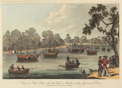 Ansicht im Hyde Park, mit der Flotte vor Anker auf dem Serpentine River, 12. August 1814 von Unknown artist