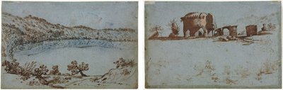 Blick auf den Nemisee (recto) Kleine Gruppe römischer Ruinen (verso) von Unknown artist