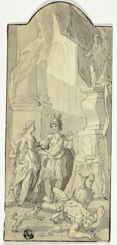 Krieger im Gespräch mit Dame beim Bankett, mit totem Mann zu ihren Füßen von Unknown artist