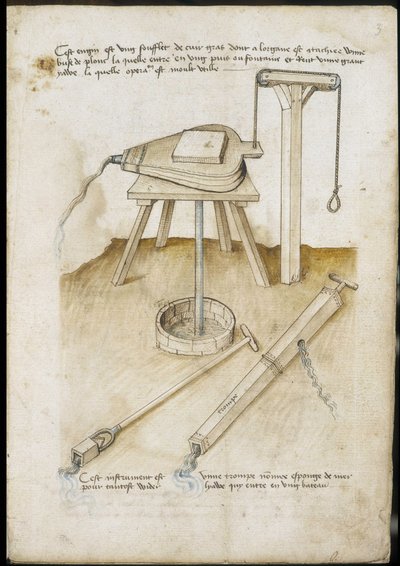 Wasserpumpinstrumente - Manuskript: Pergamentblatt eines Ingenieurhandbuchs für den Bau ziviler, religiöser und militärischer Gebäude, anonym, spätes 15. Jahrhundert (Figur in chinesischer Tinte) von Unknown artist