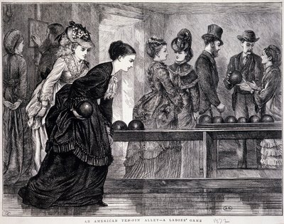 Junge Frauen spielen Bowling in den Vereinigten Staaten, um 1870 - Gravur von Unknown artist