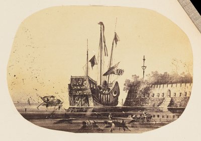 Fotografische Kopie einer Zeichnung eines vertäuten Schiffs neben einem Fort von Unknown artist/maker