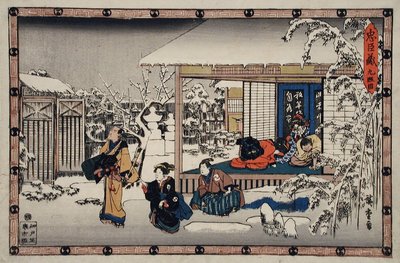 Akt IX: Honzōs Selbstmord vor seiner Familie; Yuranosuke als Komusō verkleidet, bereitet sich auf den Angriff auf Moronao vor von Utagawa Hiroshige
