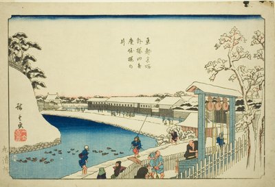 Kirschbrunnen am Benkei-Graben außerhalb von Sakurada (Soto Sakurada Benkeibori sakura no i), aus der Serie "Berühmte Orte in der östlichen Hauptstadt (Toto meisho)" von Utagawa Hiroshige
