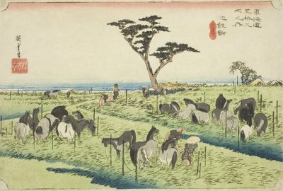Chiryu: Frühsommer-Pferdemarkt (Chiryu, shuka uma ichi), aus der Serie "Fifty-three Stations of the Tokaido (Tokaido gojusan tsugi no uchi)," auch bekannt als Hoeido Tokaido von Utagawa Hiroshige