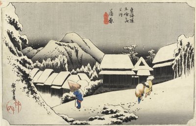 Abendlicher Schnee in Kambara, Nr. 16 aus Die 53 Stationen des Tokaido, verlegt von Hoeido, 1833 von Utagawa Hiroshige