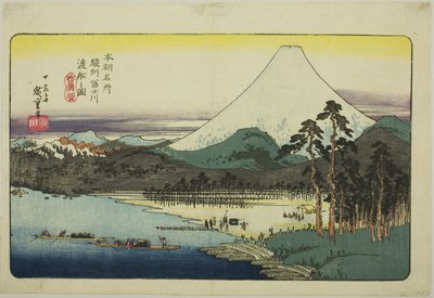 Fähren überqueren den Fuji-Fluss in der Provinz Suruga, aus der Serie "Berühmte Orte Japans" von Utagawa Hiroshige