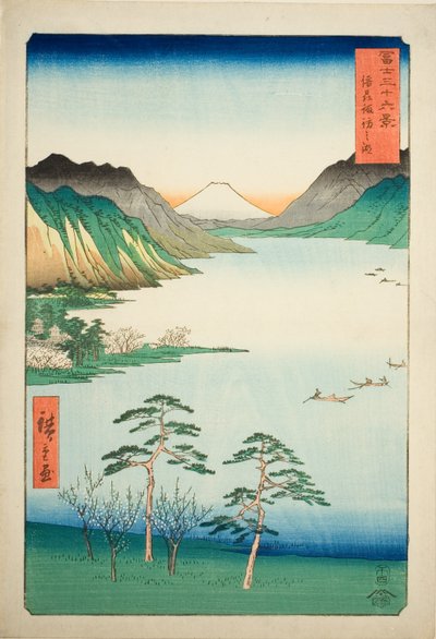 Der Suwa-See in der Provinz Shinano (Shinshu Suwa no mizuumi), aus der Serie "Sechsunddreißig Ansichten des Berges Fuji (Fuji sanjurokkei)" von Utagawa Hiroshige