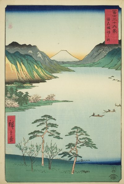 Der Suwa-See in der Provinz Shinano, aus der Serie "Sechsunddreißig Ansichten des Berges Fuji" von Utagawa Hiroshige