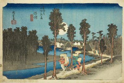 Numazu—Dämmerung (Numazu—tasogare zu), aus der Serie Die dreiundfünfzig Stationen der Tōkaidō-Straße (Tōkaidō gojūsan tsugi no uchi) von Utagawa Hiroshige