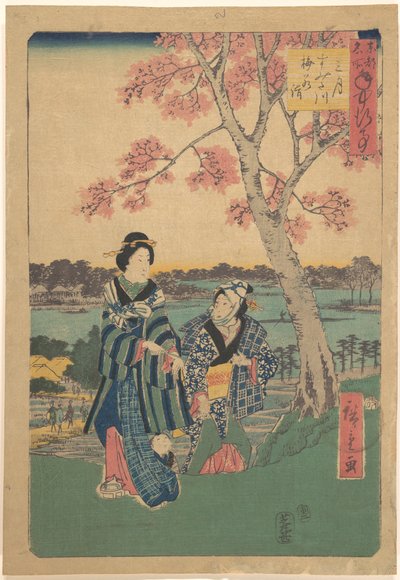 Pflaumenblütenbesichtigung im dritten Monat am Sumida-Fluss aus der Serie Jahresereignisse an berühmten Orten in der östlichen Hauptstadt von Utagawa Hiroshige
