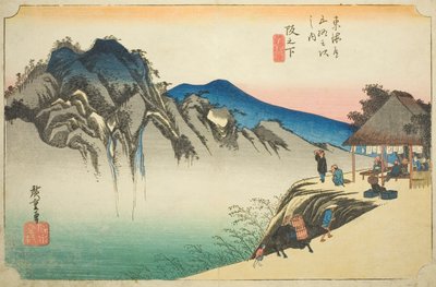 Sakanoshita: Gipfel des Fudesute-Berges (Sakanoshita, Fudesute mine), aus der Serie "Dreiundfünfzig Stationen des Tokaido (Tokaido gojusan tsugi no uchi)", auch bekannt als Hoeido Tokaido von Utagawa Hiroshige
