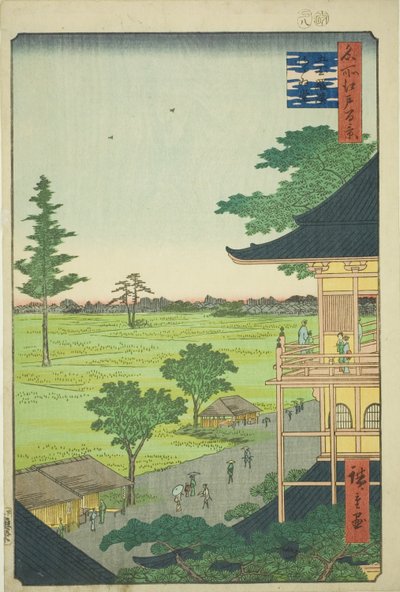 Sazai-Halle des Fünfhundert-Rakan-Tempels (Gohyaku Rakan Sazaido), aus der Serie „Hundert berühmte Ansichten von Edo (Meisho Edo hyakkei)“ von Utagawa Hiroshige