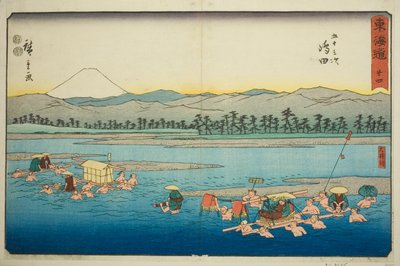 Shimada: Der Oi-Fluss (Shimada, Oigawa)—Nr. 24, aus der Serie "Dreiundfünfzig Stationen des Tokaido (Tokaido gojusan tsugi)," auch bekannt als die Reisho Tokaido von Utagawa Hiroshige