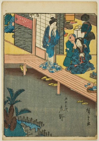 Shono, aus der Serie "Dreiundfünfzig Stationen [der Tokaido] (Gojusan tsugi)," auch bekannt als die Figuren-Tokaido (Jinbutsu Tokaido) von Utagawa Hiroshige